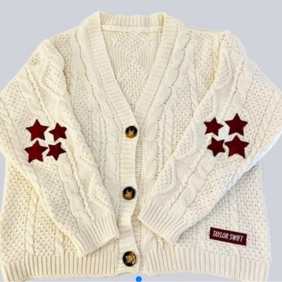Taylor Swift Sweaters - Taylor Swift Cream Cardigan with Red Star Patches